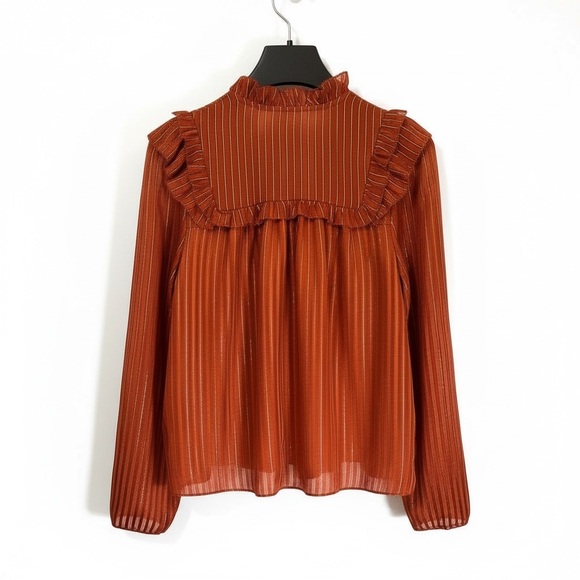 Marie Oliver Estelle Blouse in Clay Metallic Gold Stripes. Silk. Ruffle Accents - Picture 2 of 10